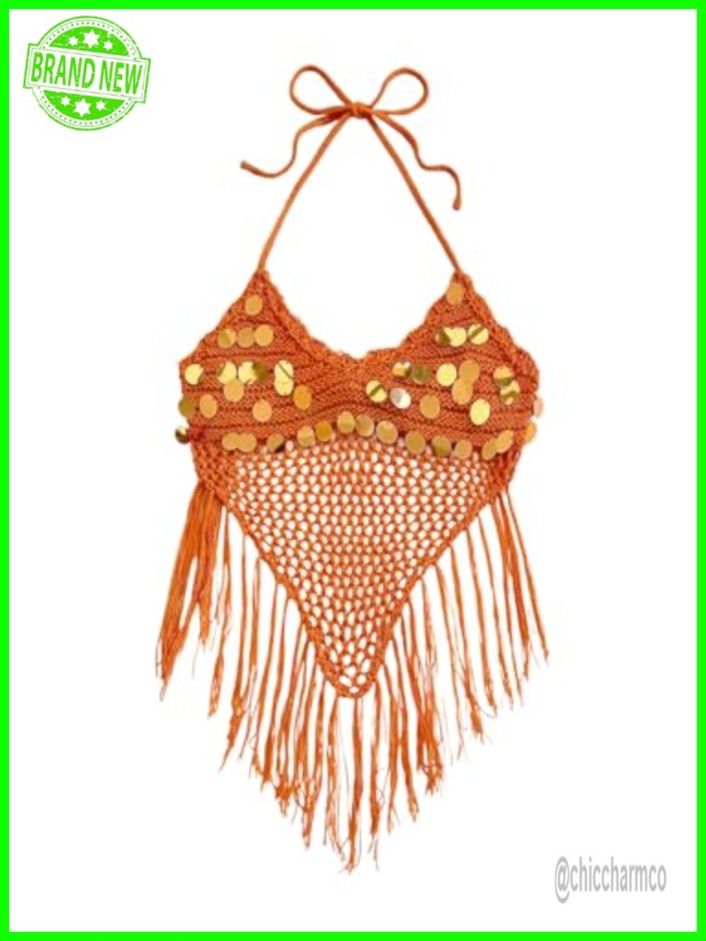 Sequin Crochet Halter Tank Top Sleeveless Fringe Hem Backless Festival Party